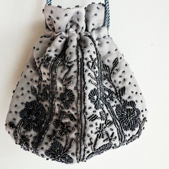 Light Grey Beaded Satin Drawstring Evening Purse - Picture 10 of 11